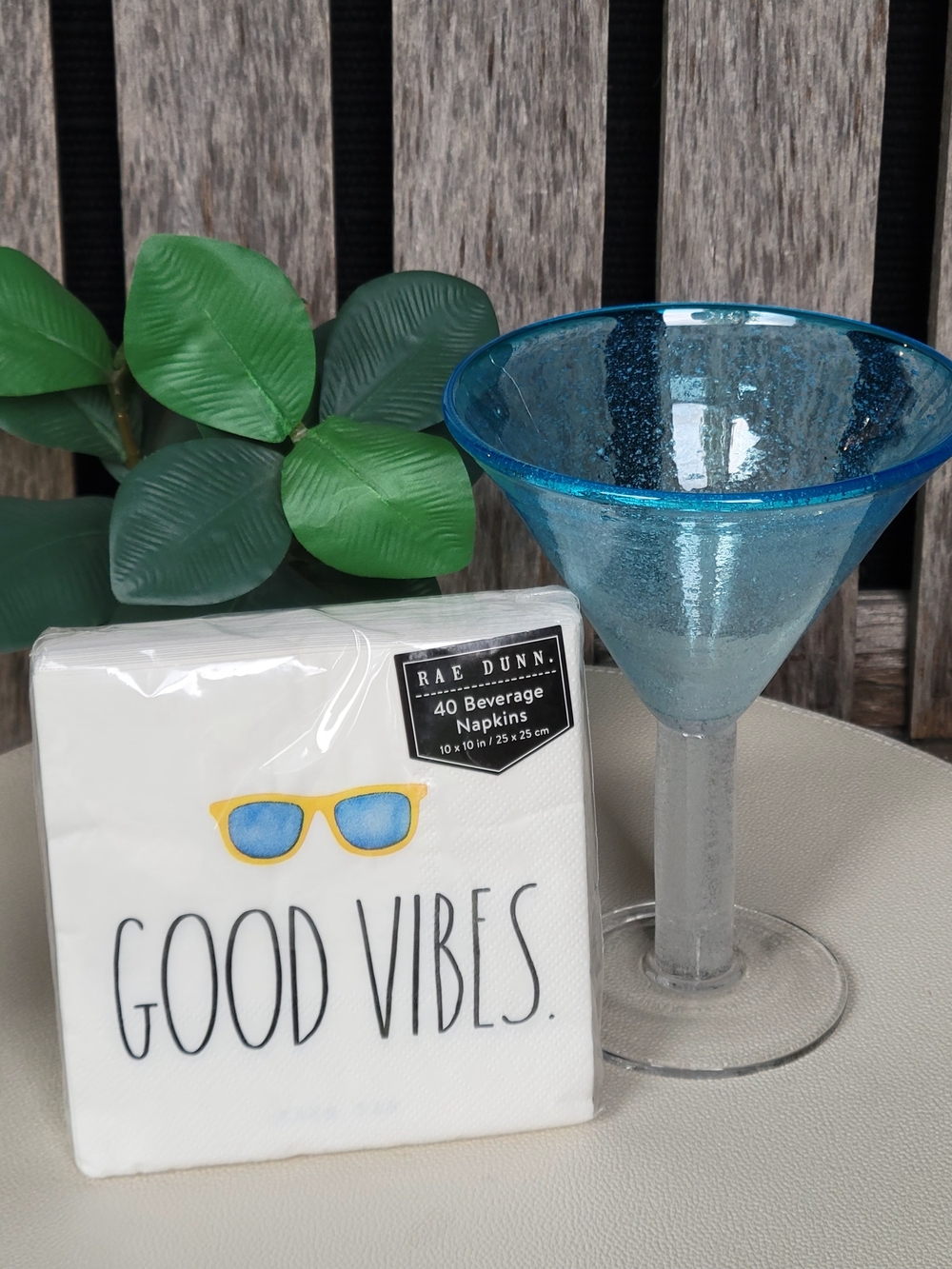 Blue Rim Glass Martini Glass & Rae Dunn Good Vibes Cocktail Napkins